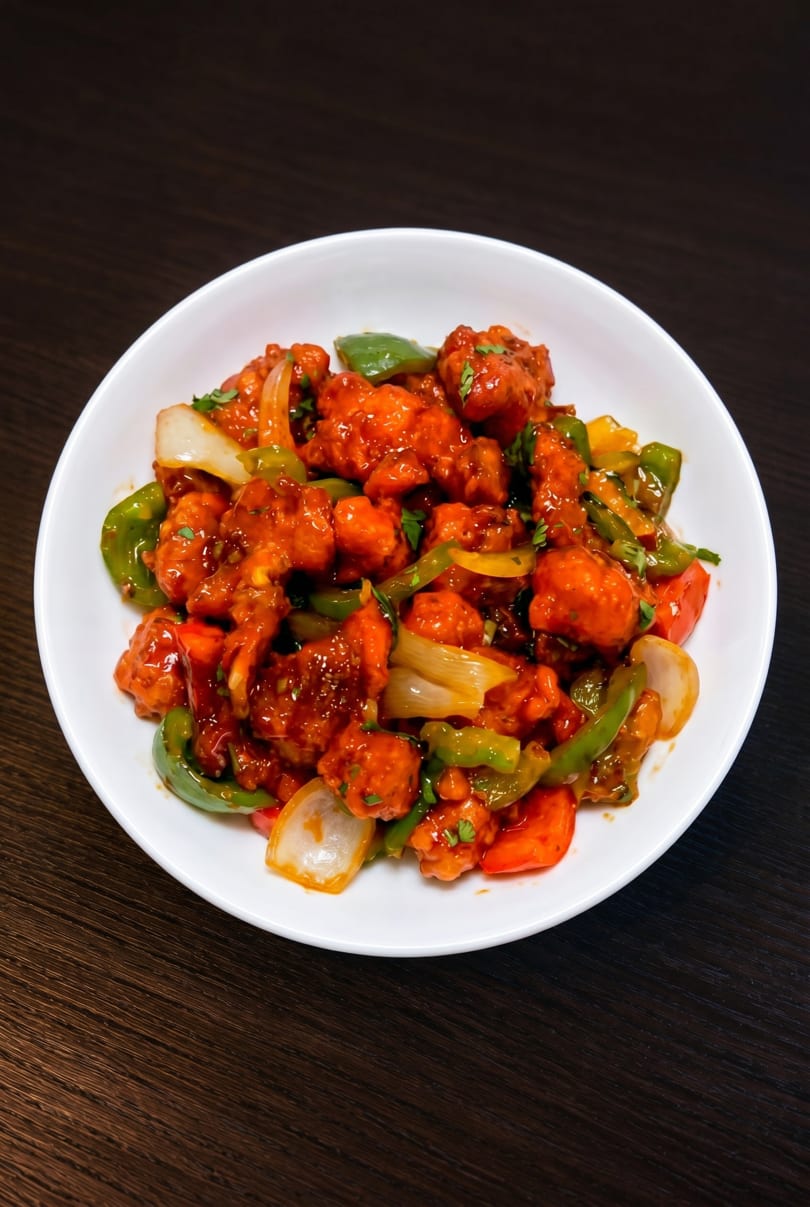A white bowl filled with chili chicken, bell peppers, and onions on a dark wooden table.