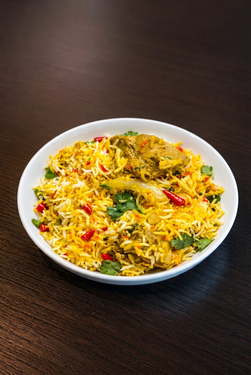 A white bowl of chicken biryani with yellow rice, red chilies, and cilantro on a dark wooden table.