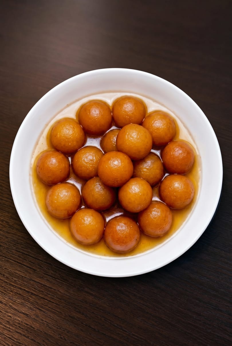 A white bowl filled with golden-brown gulab jamun, soaked in sweet syrup, on a dark wooden table.